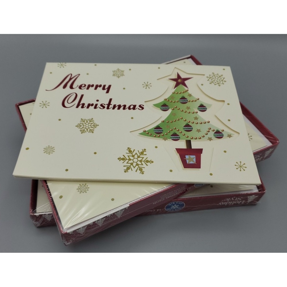 HOLIDAY STYLE Merry Christmas Tree Die Cut Cards 2 Bx 28ct w/envelopes + 9ct w/o